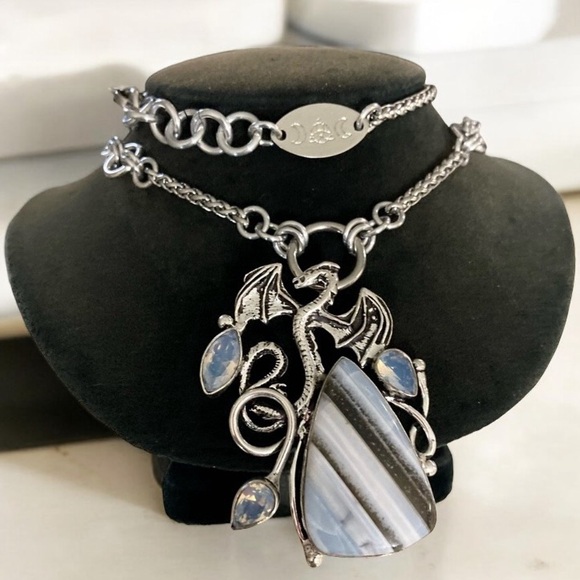 925 sterling silver overlay stripped agate iridescent opalite dragon necklace - Picture 3 of 12